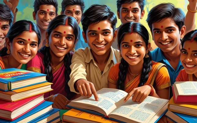 create images of indian students with smiling face sitting with few books and showing that the concept is clear (1)