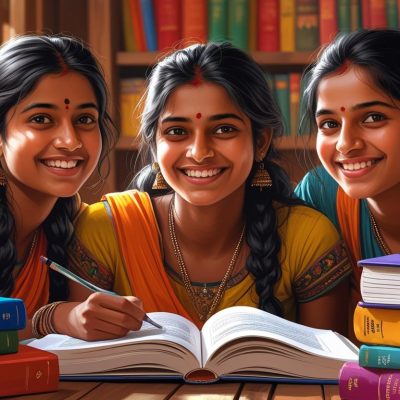 create images of indian students with smiling face sitting with few books and showing that the concept is clear (2)