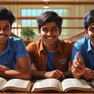 create images of indian students with smiling face sitting with few books and showing that the concept is clear (3)