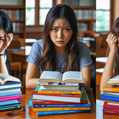 create three images of three different students sitting around lots of books on table and worried about how to learn (2)
